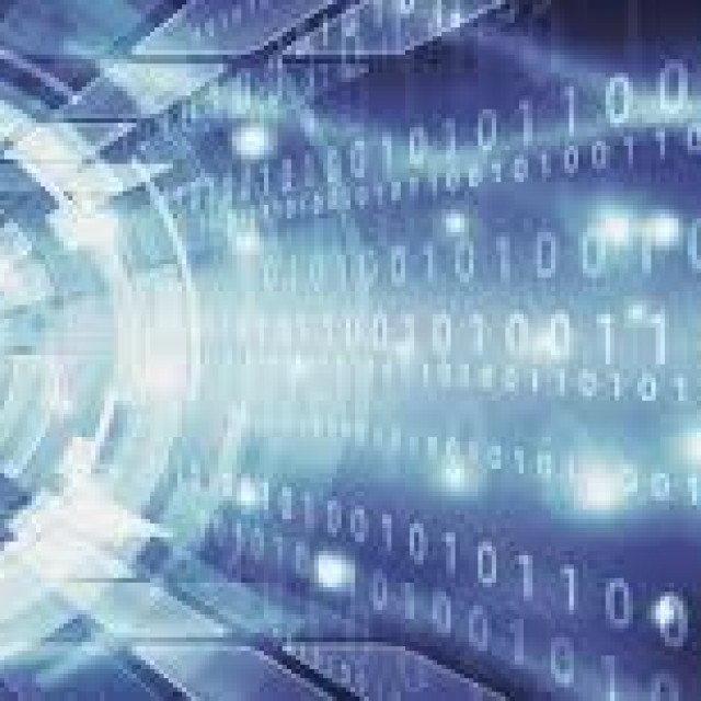 Artist depiction of a futuristic blue tunnel with binary code on the sides 